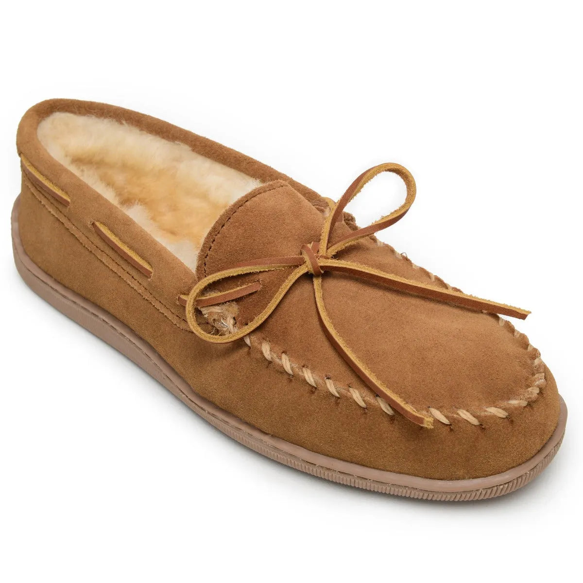 Men's tan sheepskin moc slipper with lace tie and suede upper