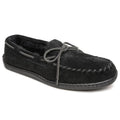 Men's black sheepskin moc slipper with lace-up tie, stitched details, and hard sole