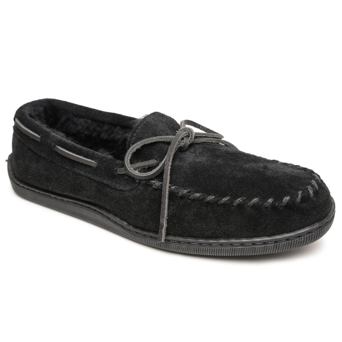 Men's black sheepskin moc slipper with lace-up tie, stitched details, and hard sole