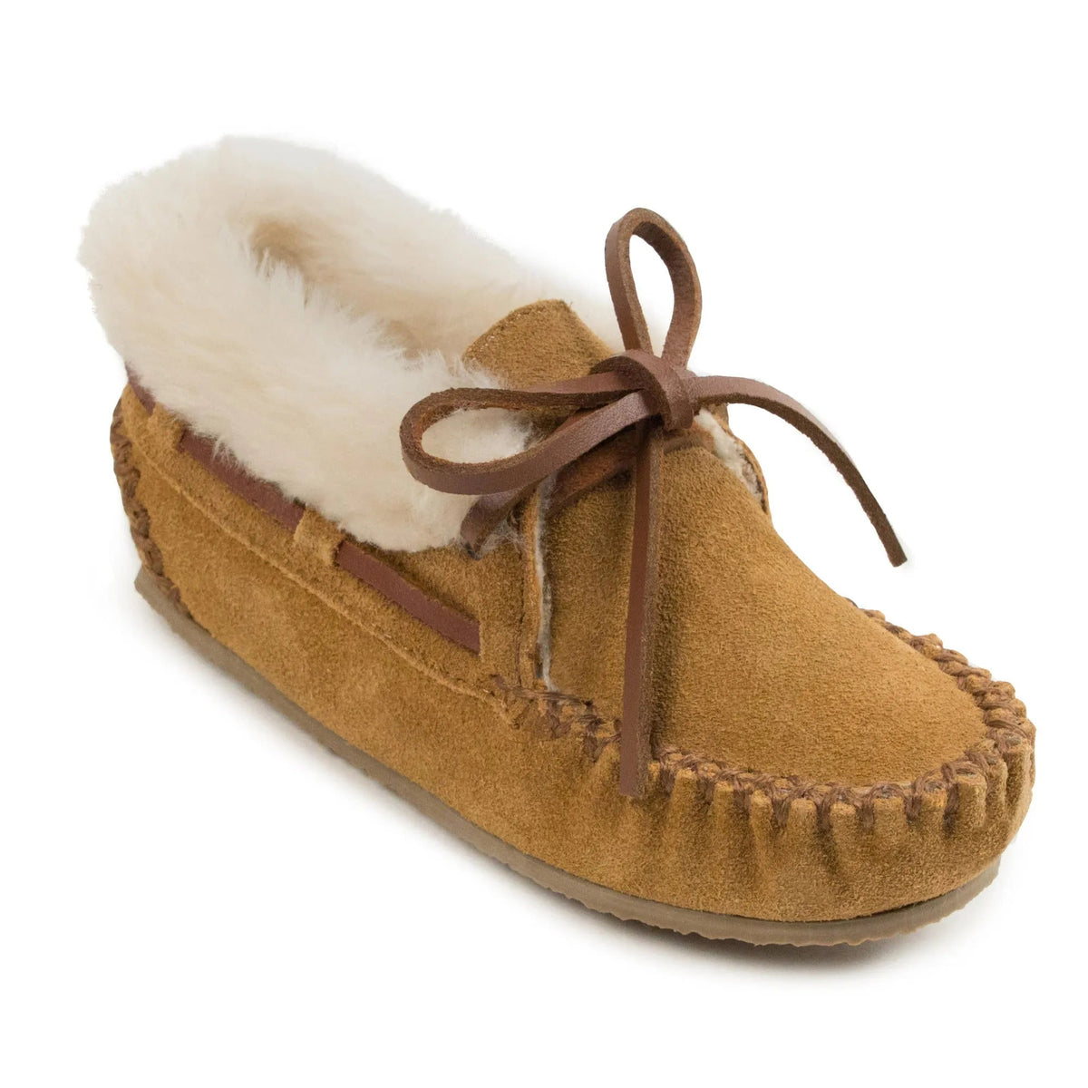 Children's suede moccasin slippers with plush lining, brown laces, and fringe edge