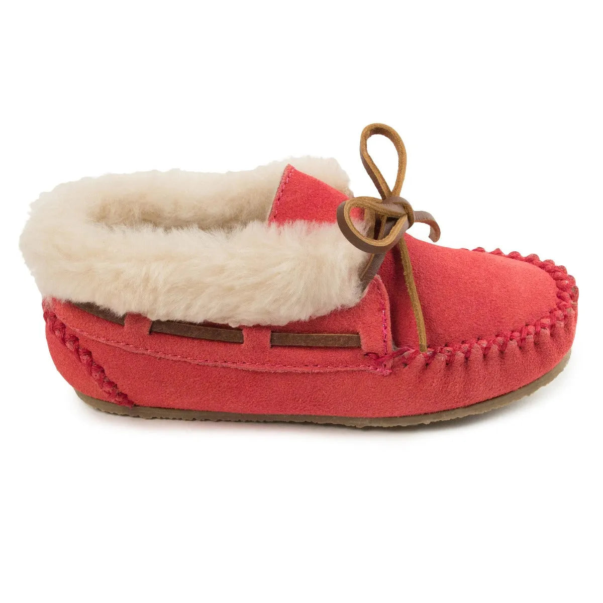 Children's moccasin slippers with plush lining, red suede upper and brown lace strap