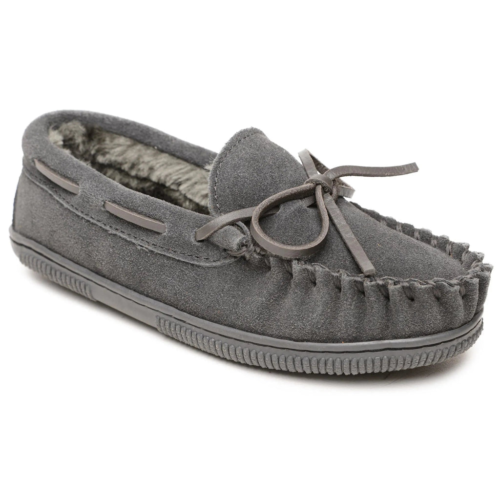 Children's charcoal suede slip-on slippers with tied lace bow and pile lining