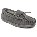 Children's charcoal suede slip-on slippers with tied lace bow and pile lining