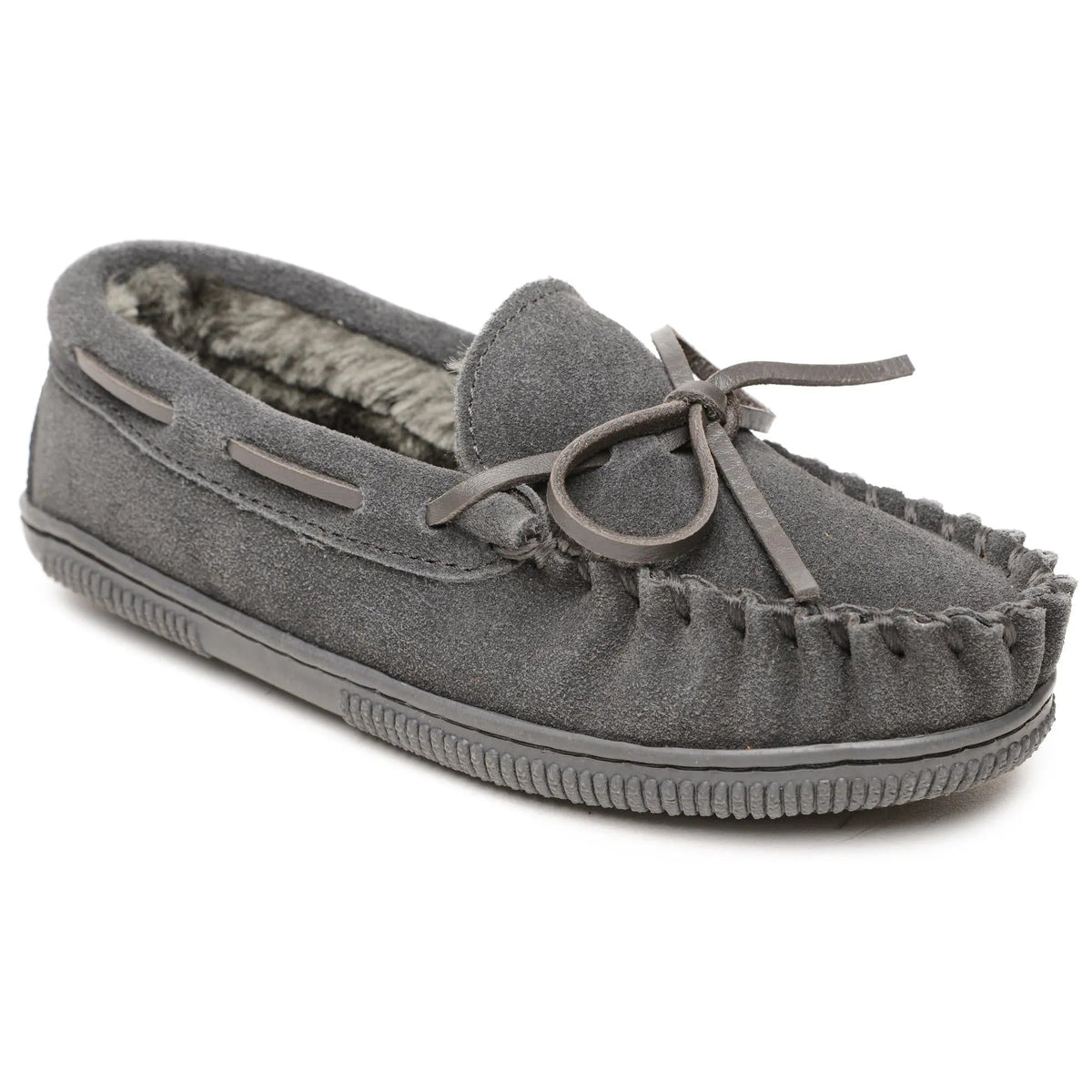 Children's charcoal suede slip-on slippers with tied lace bow and pile lining