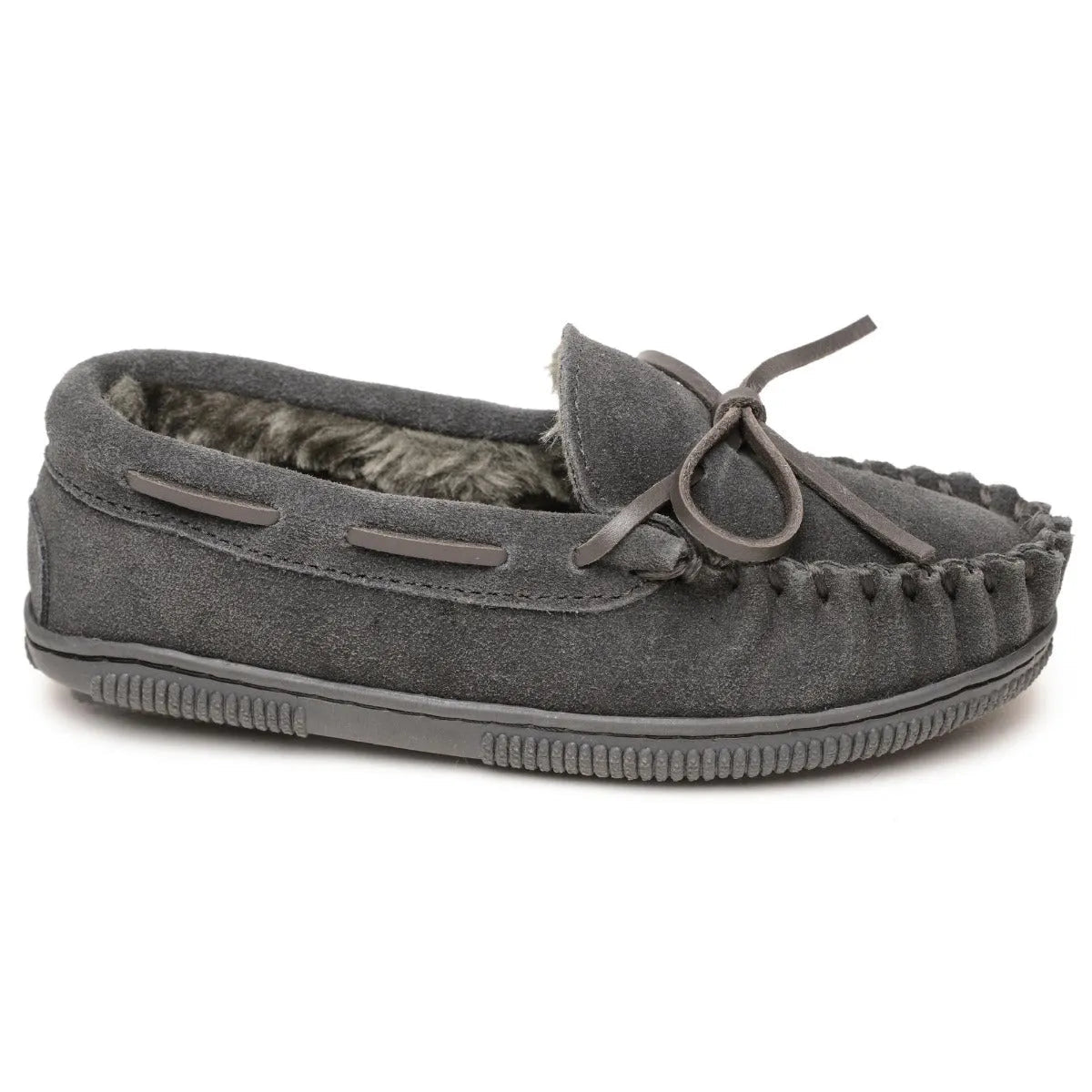Children's charcoal suede slippers with lace tie and pile lining, hard rubber sole