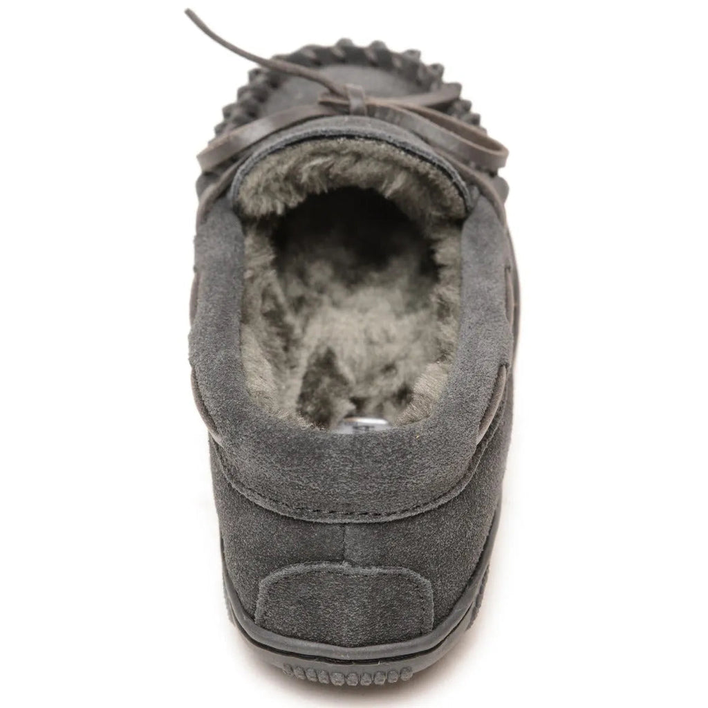 Children's charcoal suede slipper with pile-lined opening and lace tie at back