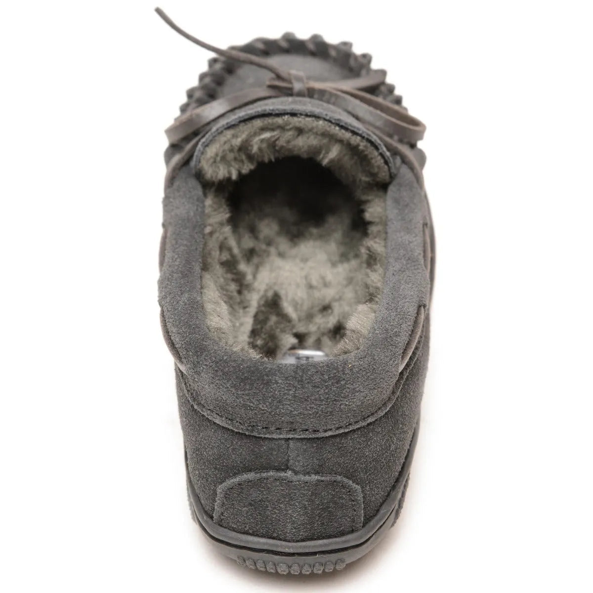 Children's charcoal suede slipper with pile-lined opening and lace tie at back