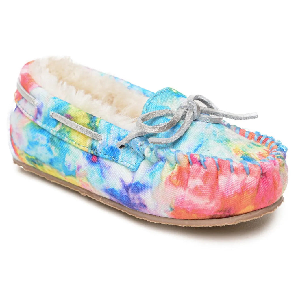 Children's Minnetonka tie-dye slipper with lace-up bow and plush lining