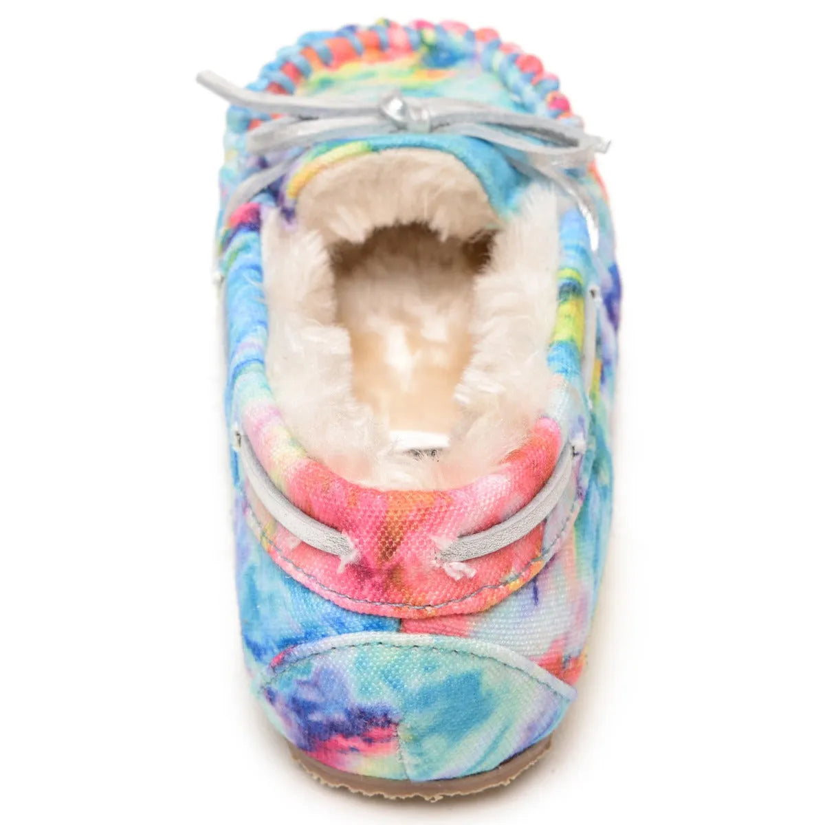 Children's Minnetonka tie-dye slipper interior view with plush collar and gray laces