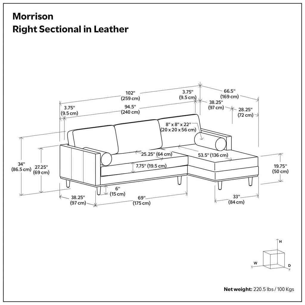 Morrison right sectional sofa size diagram with measurements