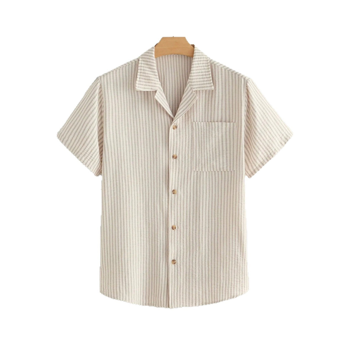 Beige striped short-sleeve button shirt front view with chest pocket on hanger