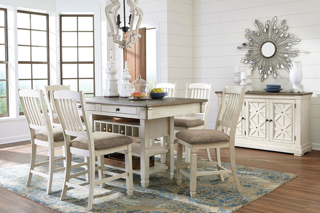 Dining counter table set with beige finish, gray cushioned chairs, and matching server cabinet.
