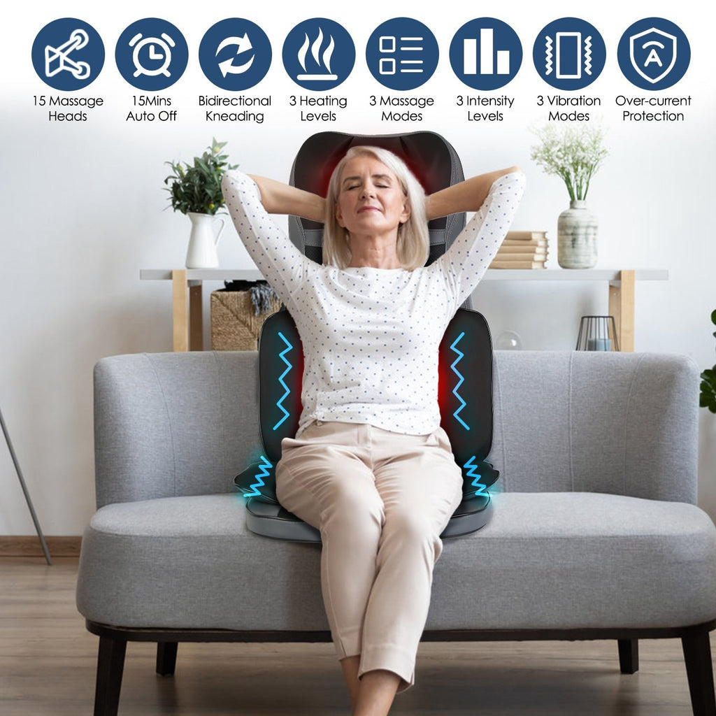 Woman using heated shiatsu massage chair pad with kneading back and seat