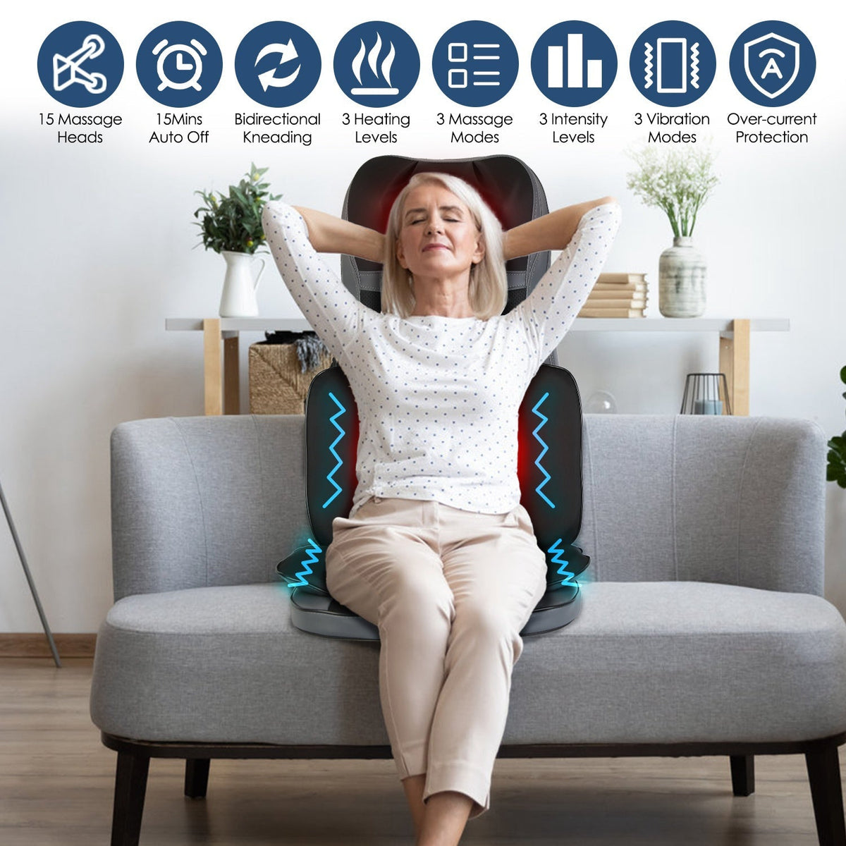 Woman using heated shiatsu massage chair pad with kneading back and seat