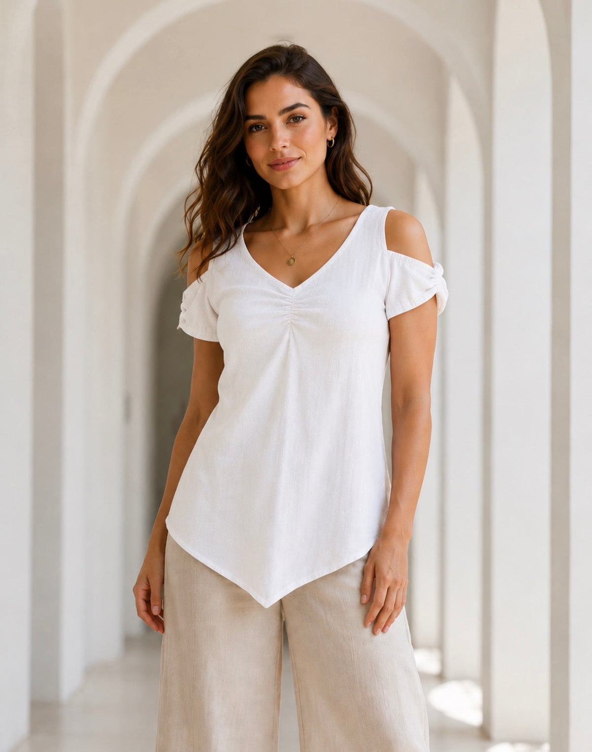 White 100% cotton gauze top with cold-shoulder cutouts and gathered V-neck