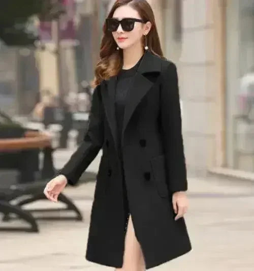 Women's tweed windbreaker, black long coat with notched lapels and front side slit.