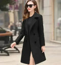 Women's tweed windbreaker, black long coat with notched lapels and front side slit.