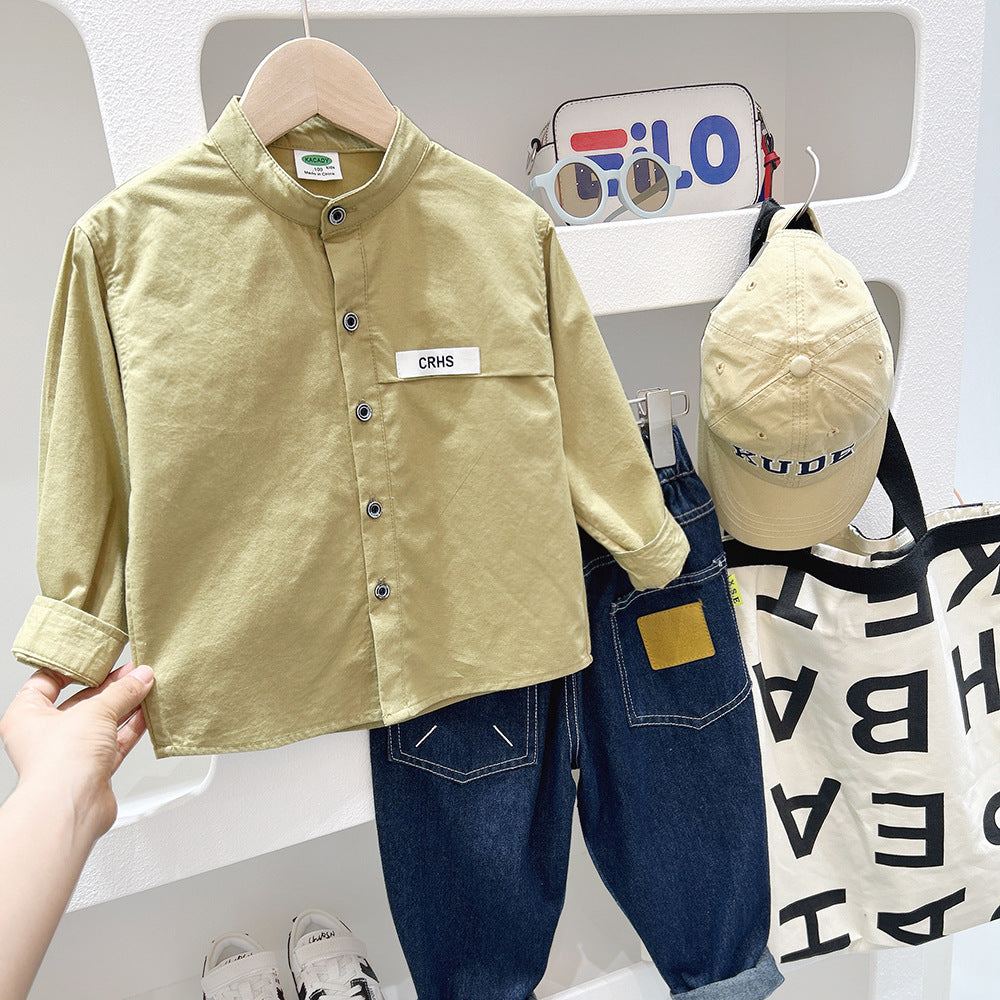 Boys solid khaki long-sleeve button-up shirt with stand collar and chest pocket