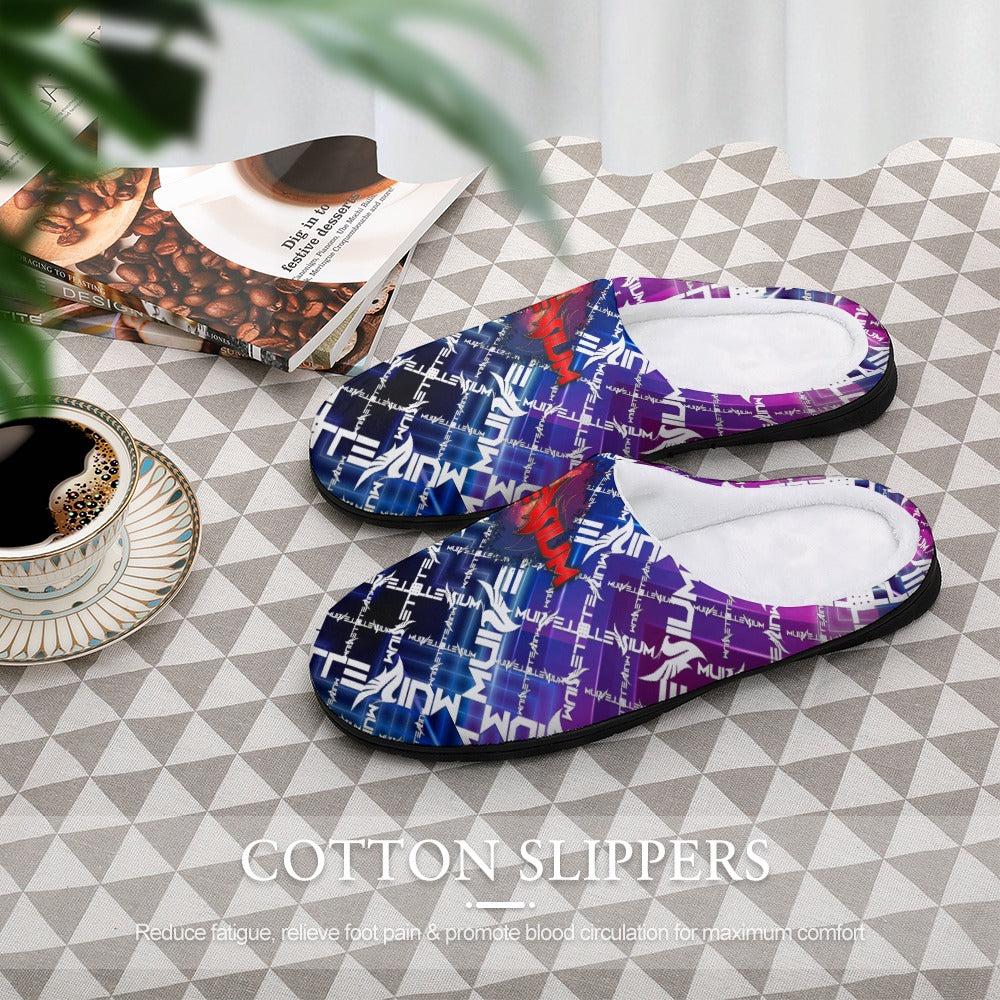 Cotton slippers with blue and purple digital pattern, white lining, rounded slip-on design