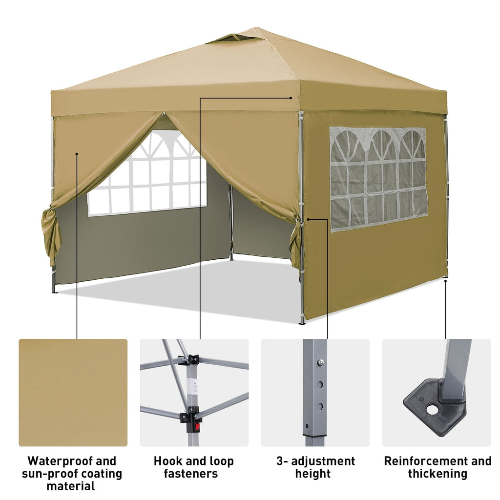 Olive-brown pop-up canopy tent with sidewalls, zip doors, and screened window panels