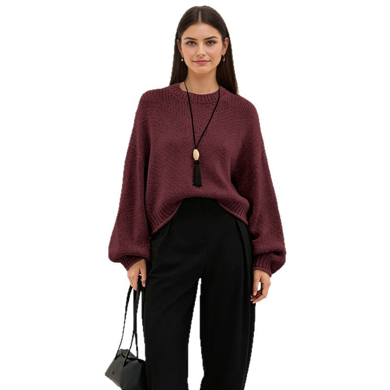 Women’s loose-fit knit sweater, deep maroon, round neck, long sleeves, ribbed hem and cuffs