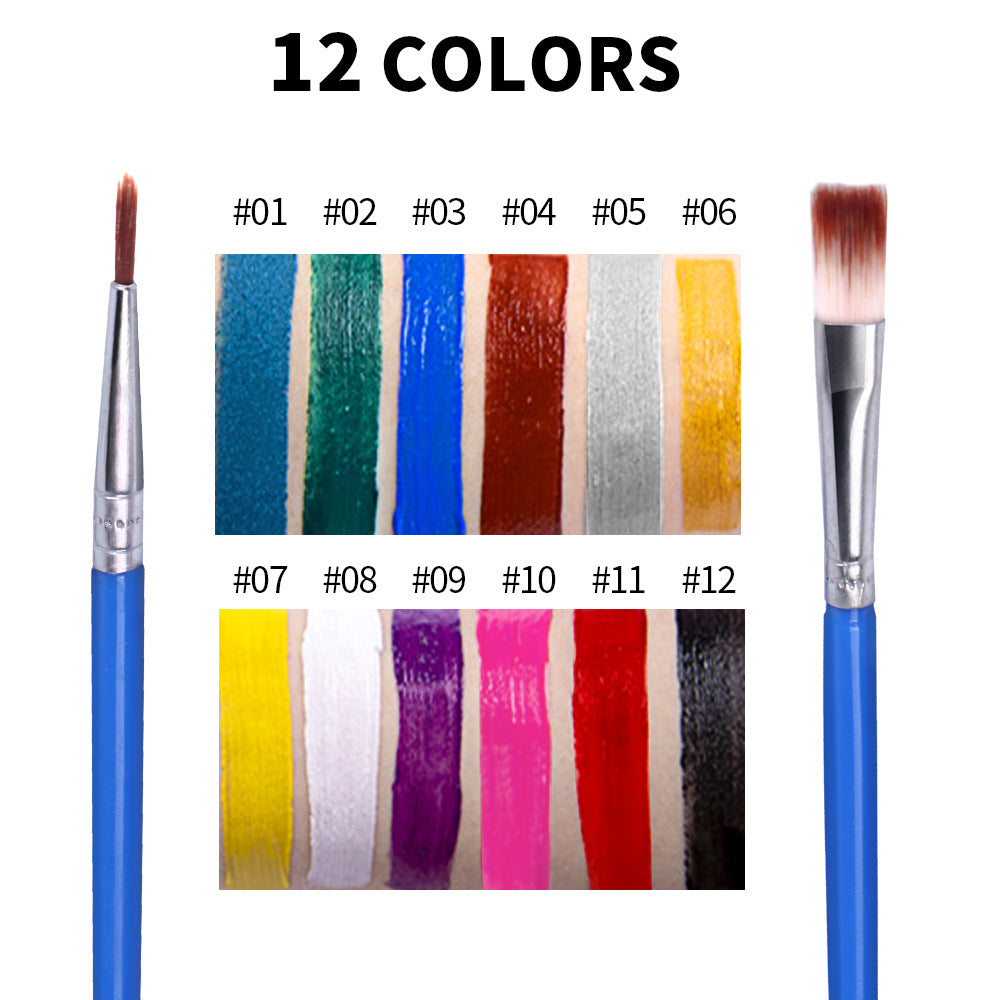 12-color body paint set with swatch grid and two makeup brushes