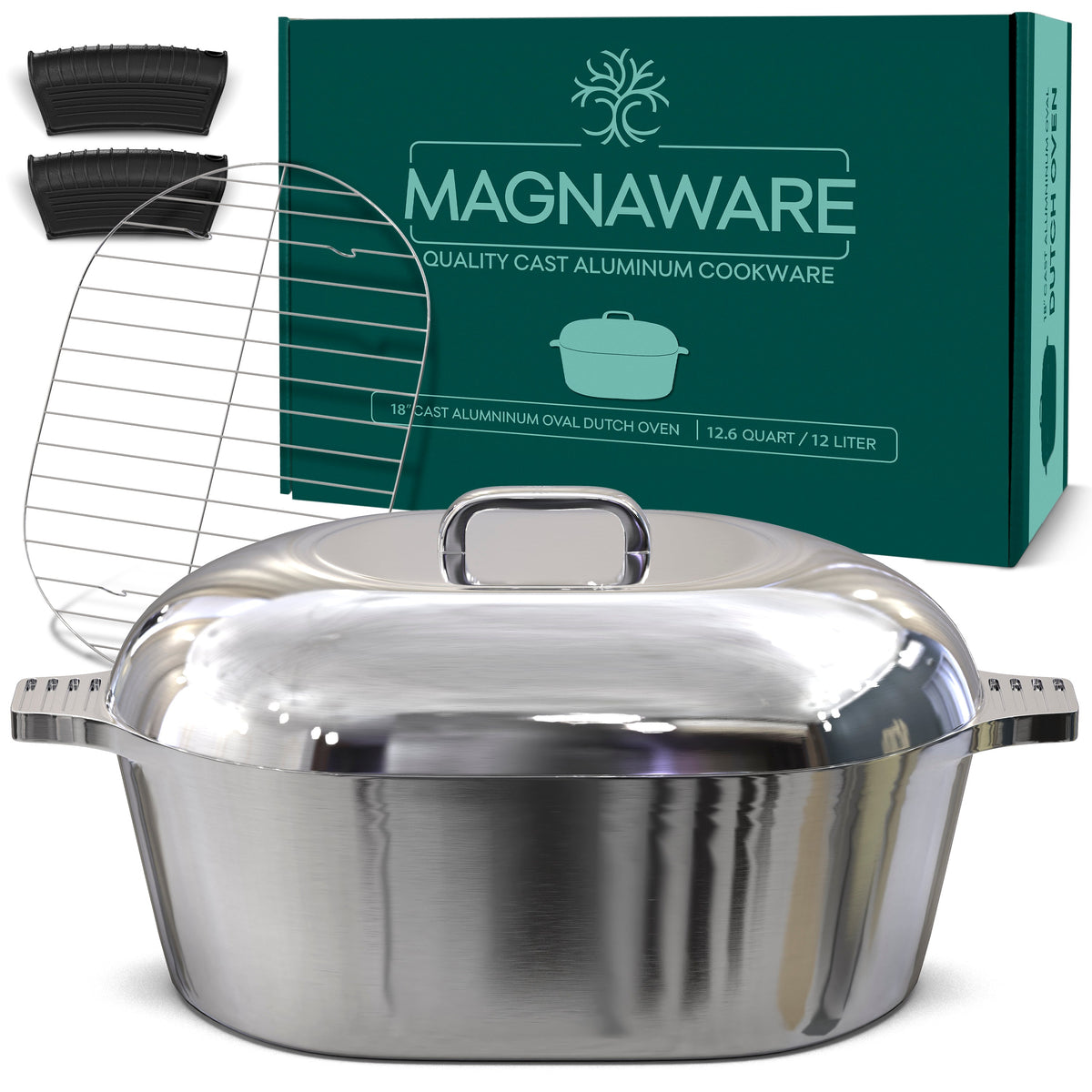 Oval stainless steel dutch oven with domed lid, glossy finish and side handles