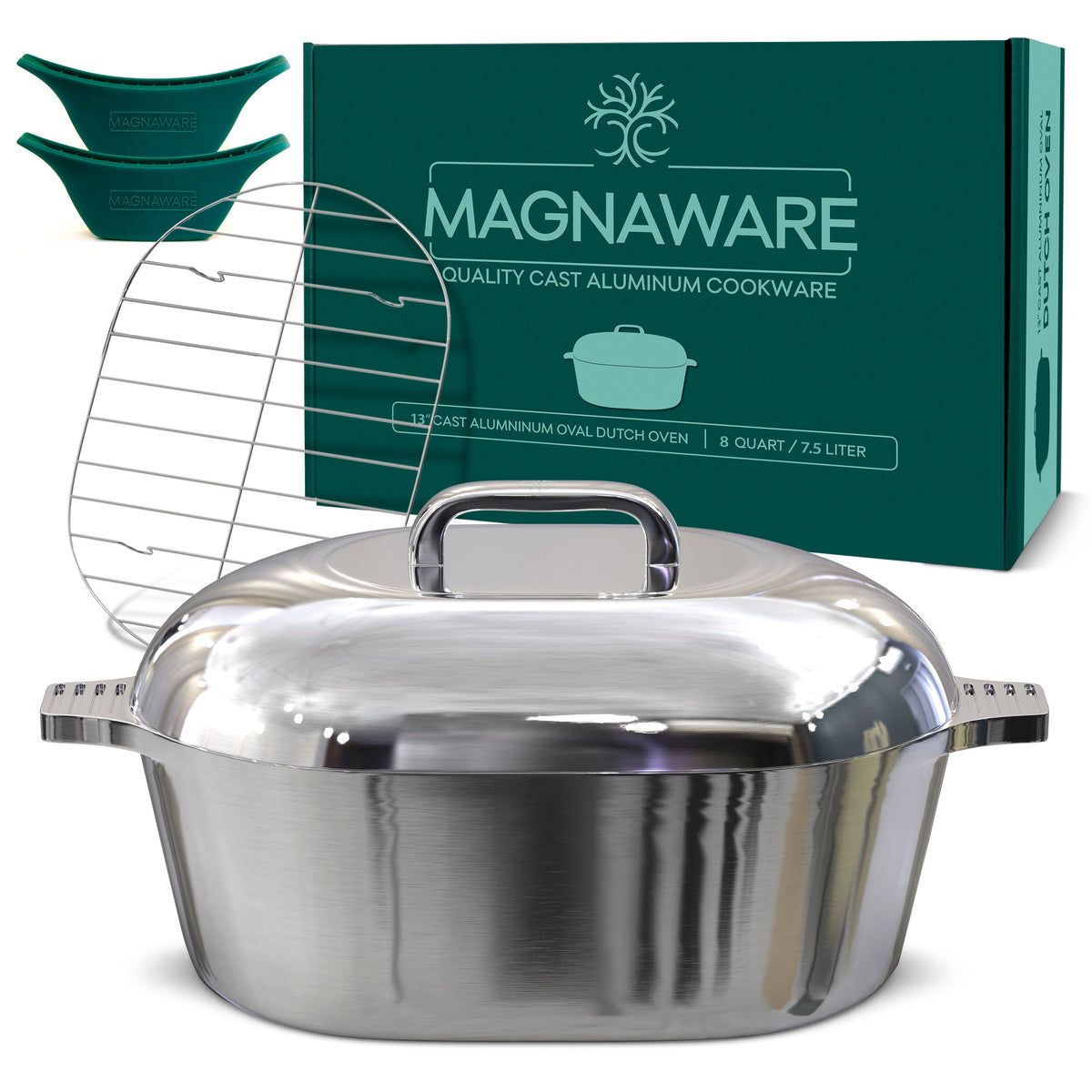 Oval Dutch oven with domed silver lid and side handles, front view