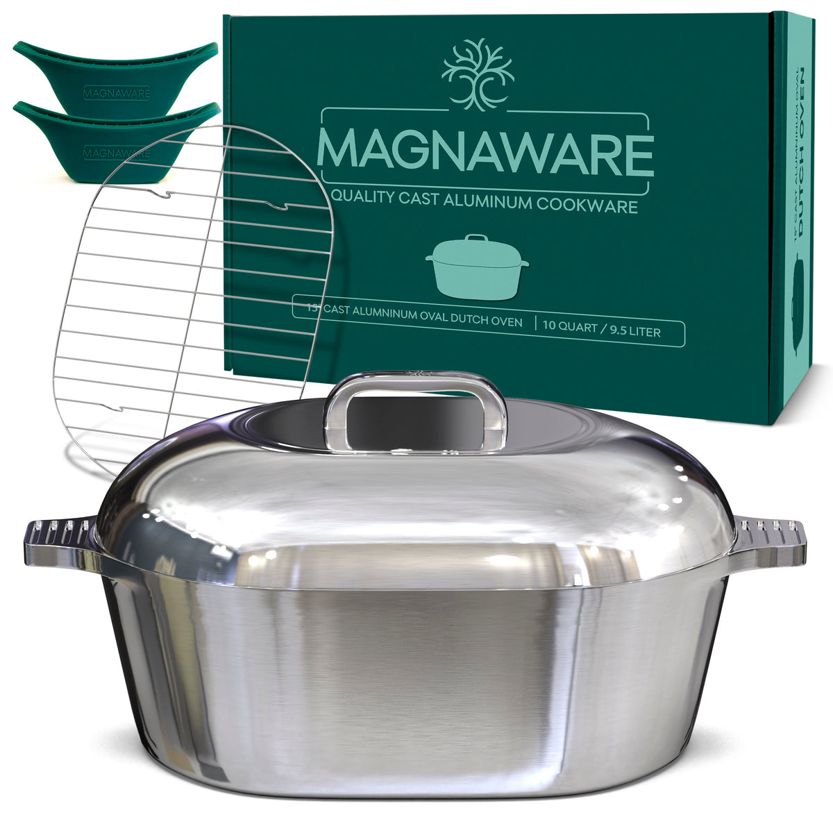 Oval Dutch oven with domed silver lid and side handles, angled view