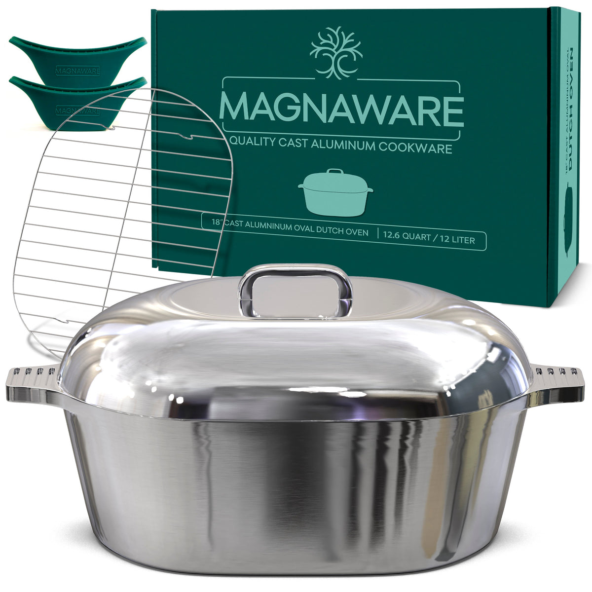 Oval Dutch oven with domed silver lid and side handles, close front view