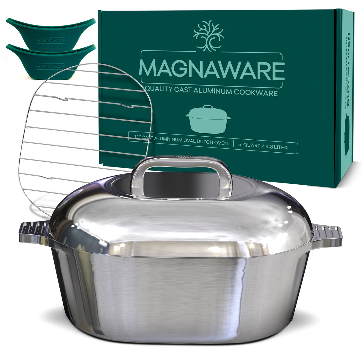 Oval Dutch oven with domed silver lid and curved side handles, front view