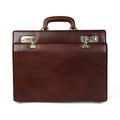 Rich brown leather office suitcase with two brass locks and top carry handle
