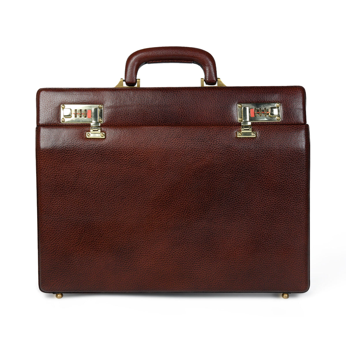 Rich brown leather office suitcase with two brass locks and top carry handle