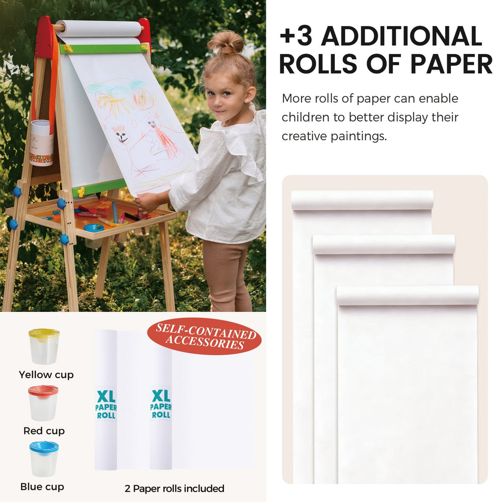 Kids art easel with rolled paper, green tray, and height-adjustable wooden frame