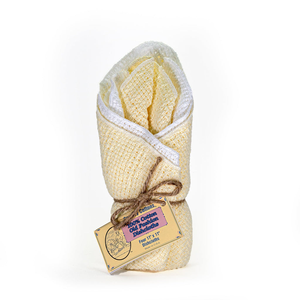 Cotton dishcloth set, 11x11, folded pale yellow and natural cloths, 4-pack