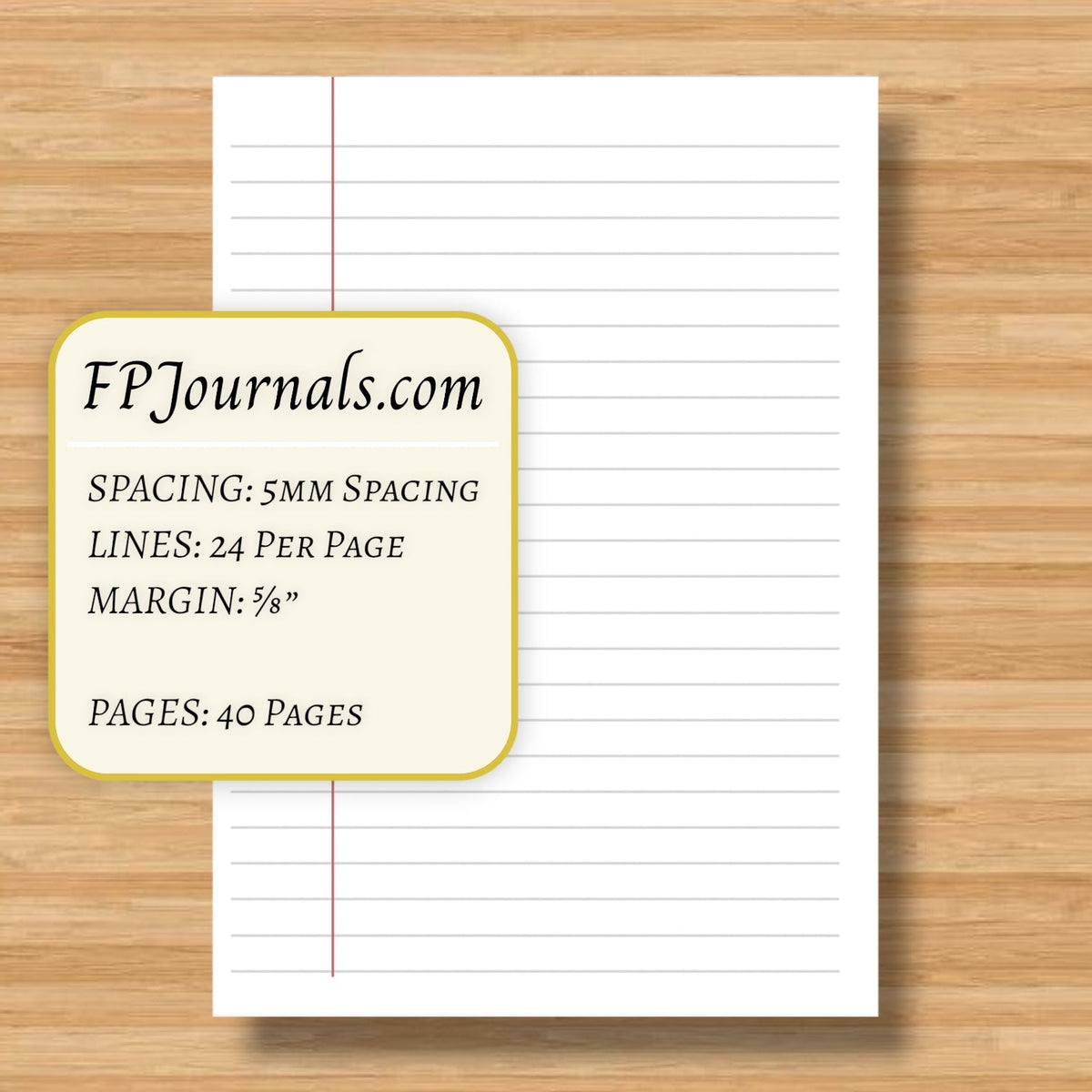 A6 lined notebook insert with red margin line and FPJournals.com info card