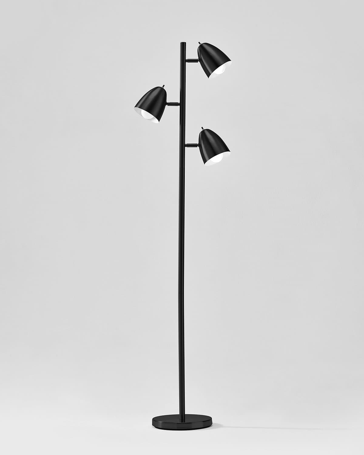 Black floor lamp with four adjustable cone shades and round base