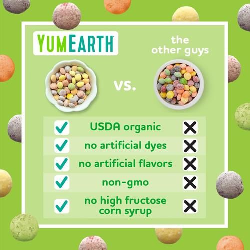 Yumearth Sour Giggles USDA organic claim and no artificial dyes card