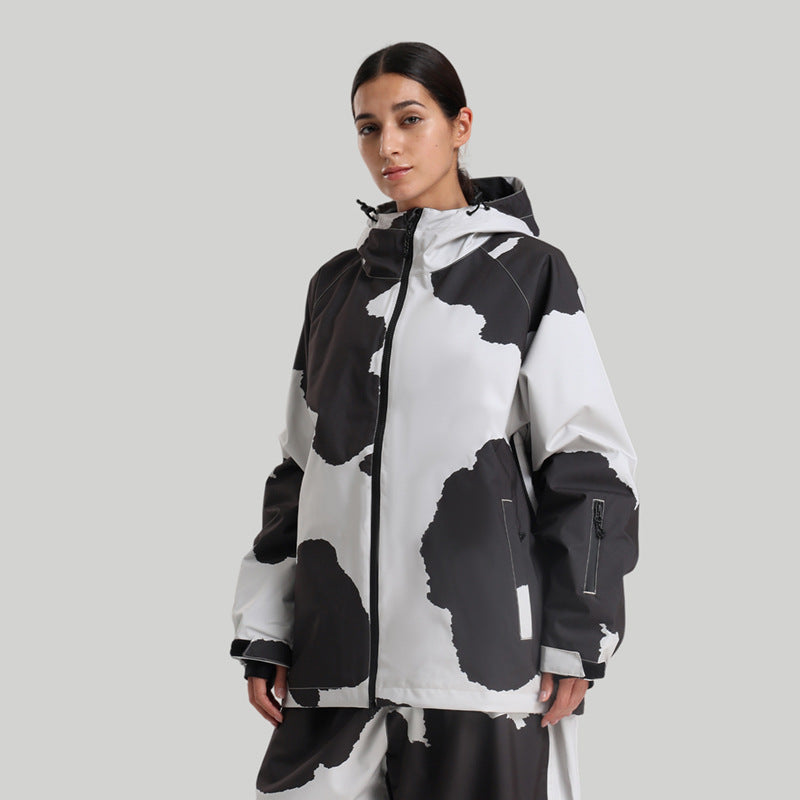 Women's solid-color professional ski suit jacket, black-and-white cow print