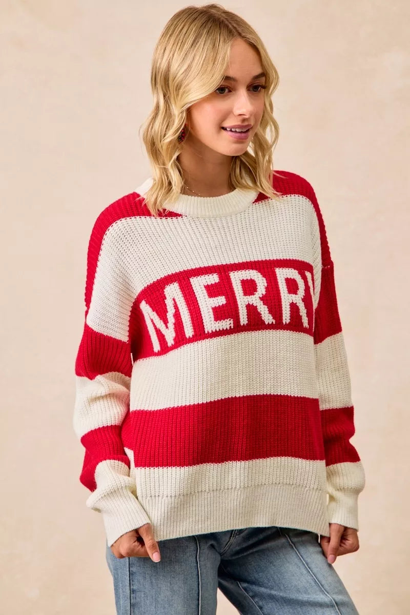 Ivory and red striped crewneck knit sweater with “MERRY” lettering detail