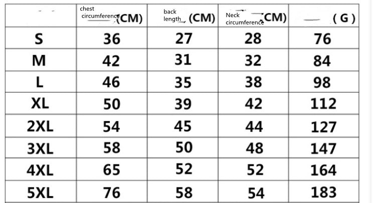 Pet vest size chart table with chest, back, neck measurements and garment weight