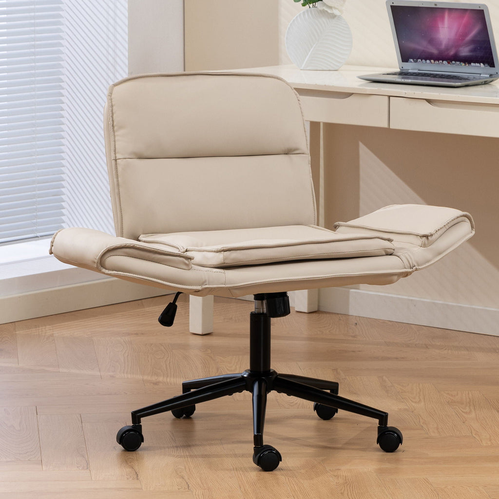 Beige fabric swivel desk chair with padded backrest, curved armrests, and caster wheels