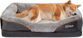 Large memory foam dog bed with gray cover and orange piping, JOYELF logo
