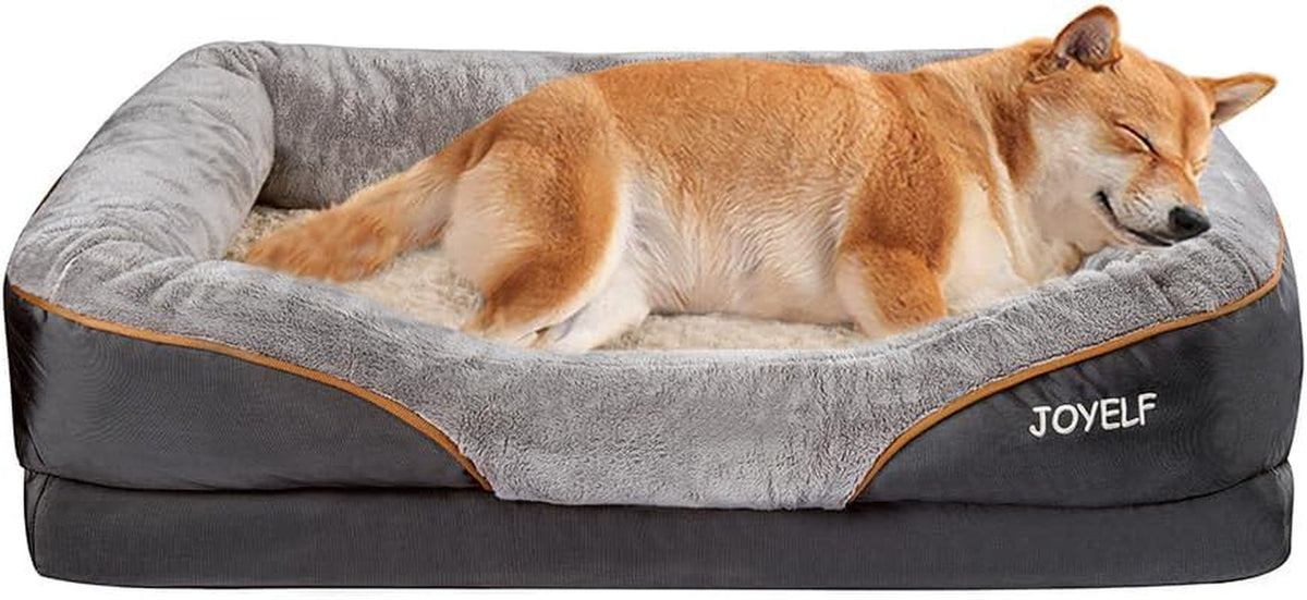 Large memory foam dog bed with gray cover and orange piping, JOYELF logo