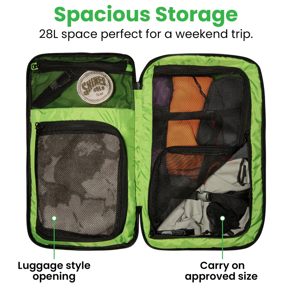 28L travel backpack interior with two mesh compartments and packing storage sections