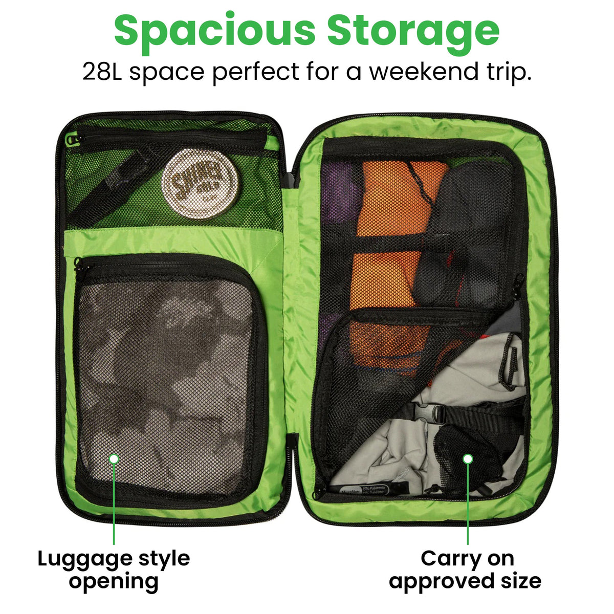 28L travel backpack interior with two mesh compartments and packing storage sections