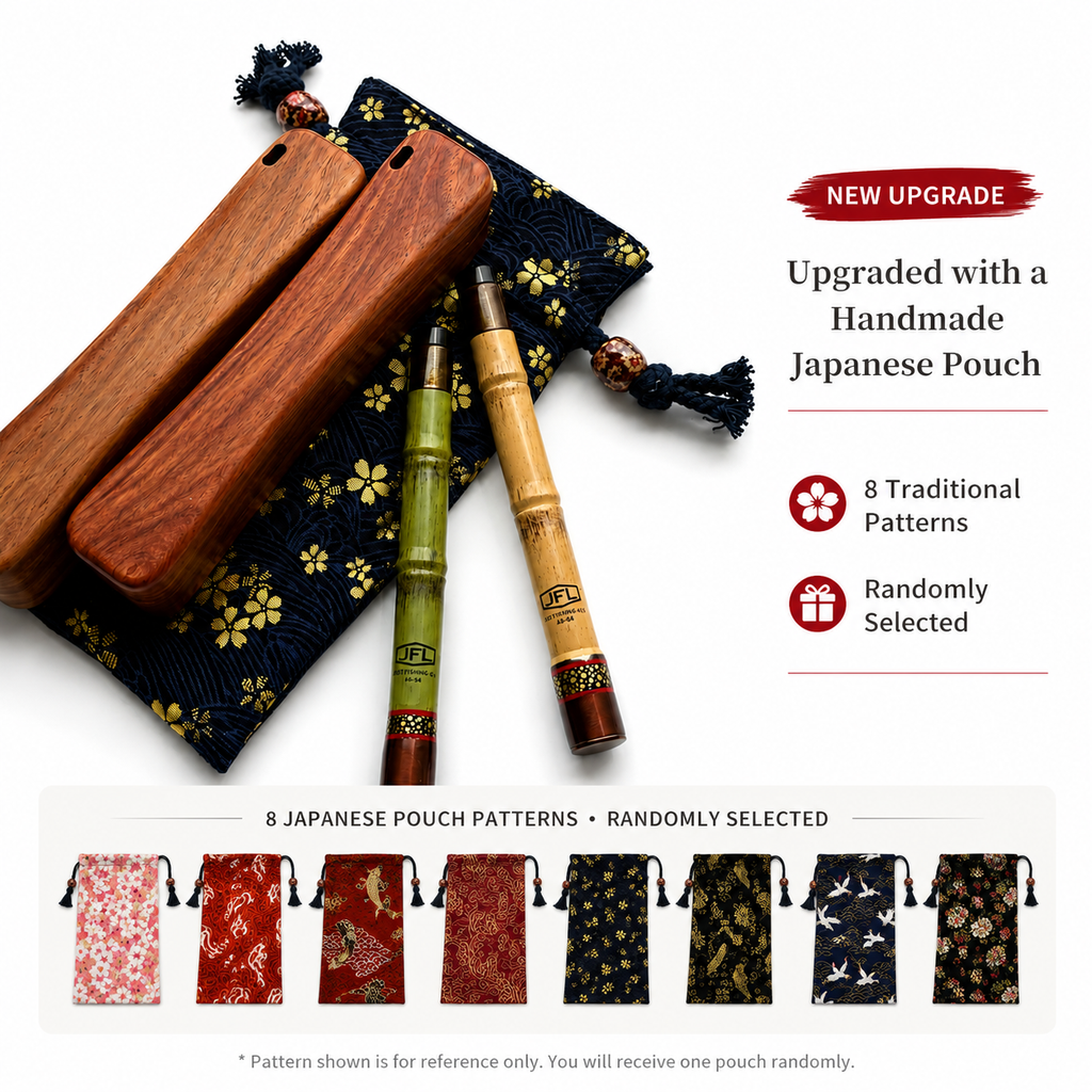 Pocket travel fishing kit with dark blue floral pouch, tan wooden case, and green rods