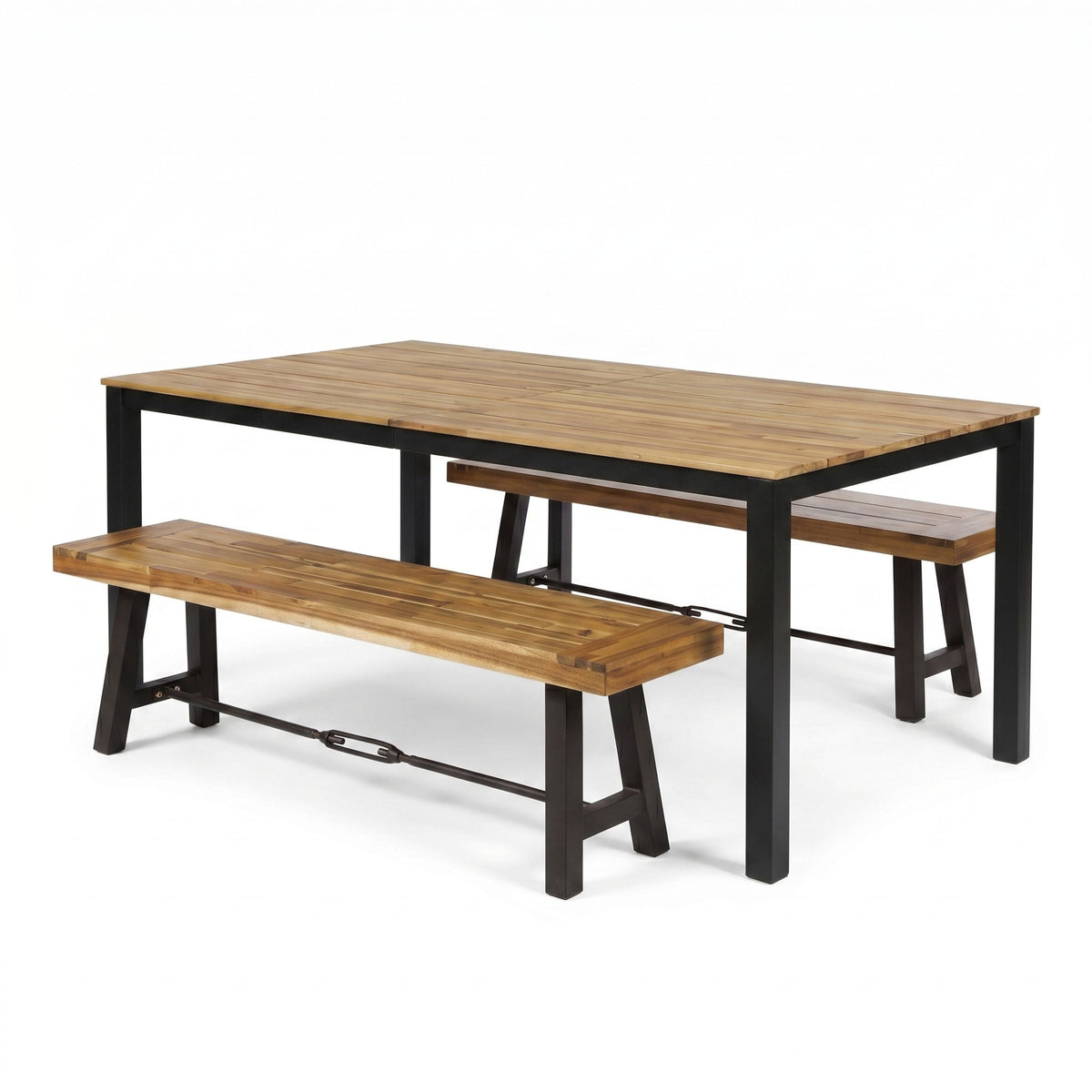 Rectangular acacia wood patio table with two benches, dark legs and slatted tops.