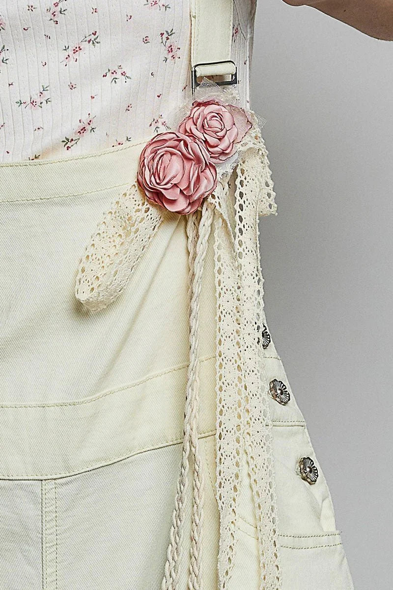 POL tie style belt with pink flower cluster, white lace overlay and braided tie ends