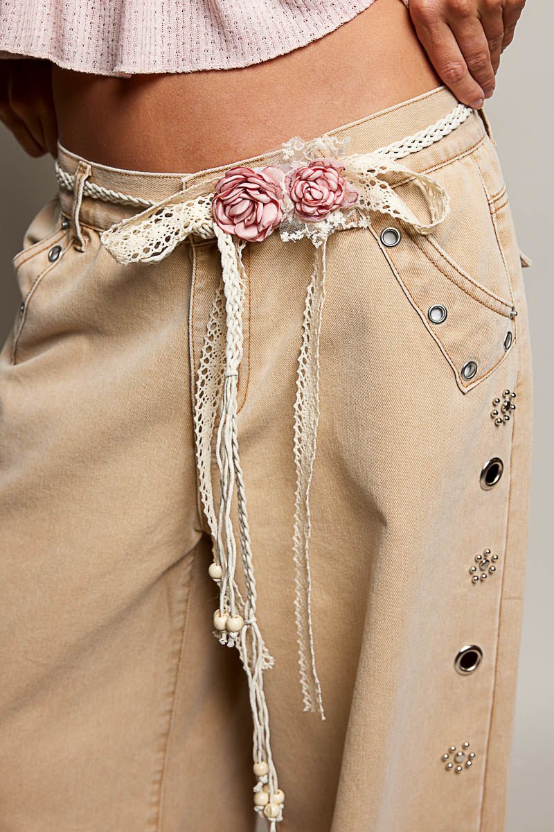 POL tie style belt with pink rose applique, white lace trim and long braided ties